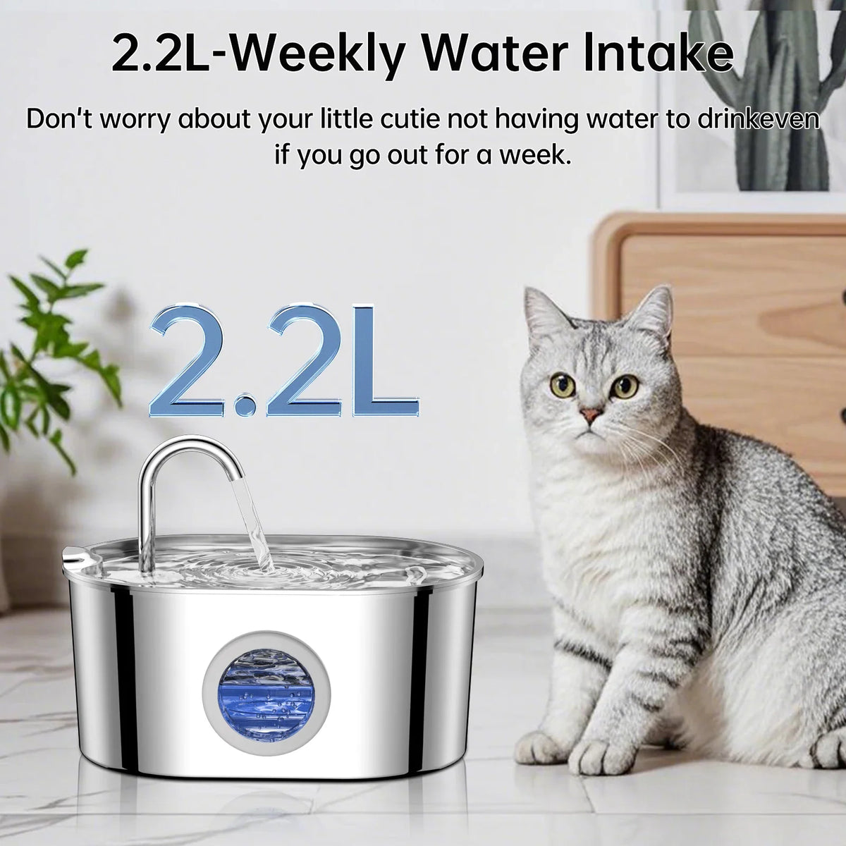 2.2L Stainless Steel Cat & Puppy Water Fountain — Water Level Window, Silent Pump & Filter