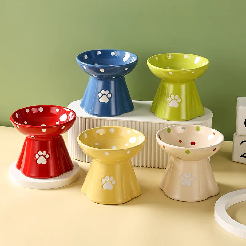 Elevated Ceramic Cat Bowl - Anti-Black Chin Design with Cervical Spine Protection