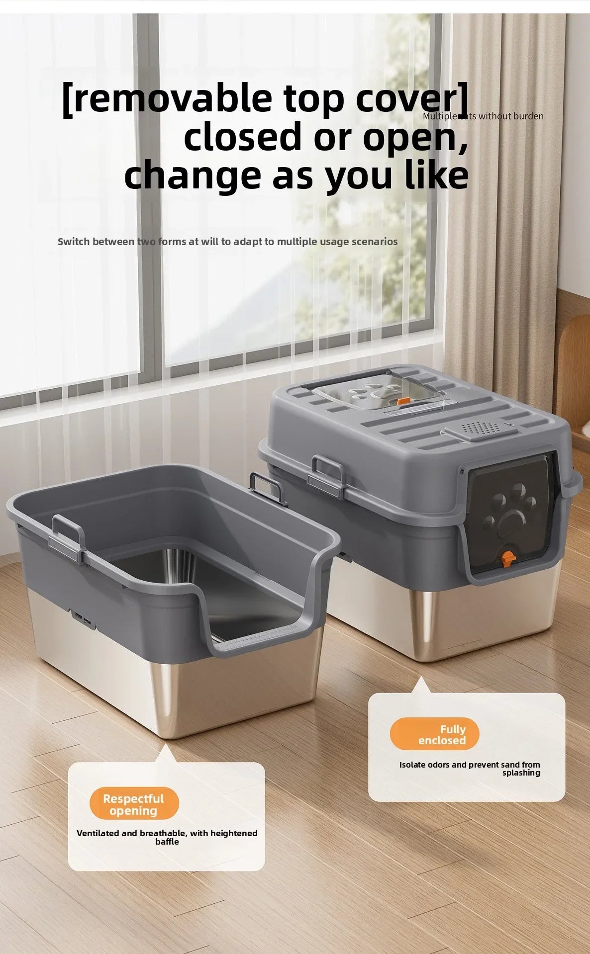 Stainless Steel Top Entry Self-Cleaning Cat Litter Box — Extra Large, Splash-Proof & Portable