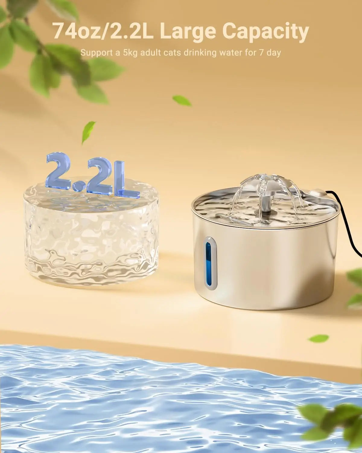 2.2L Stainless Steel Pet Water Fountain — Dual Outlet Mode & Flower Fountain Design