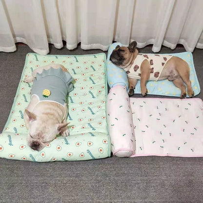 Ice Silk Cooling Mat for Dogs & Cats — Non-Slip, Washable with Integrated Pillow & Cute Print