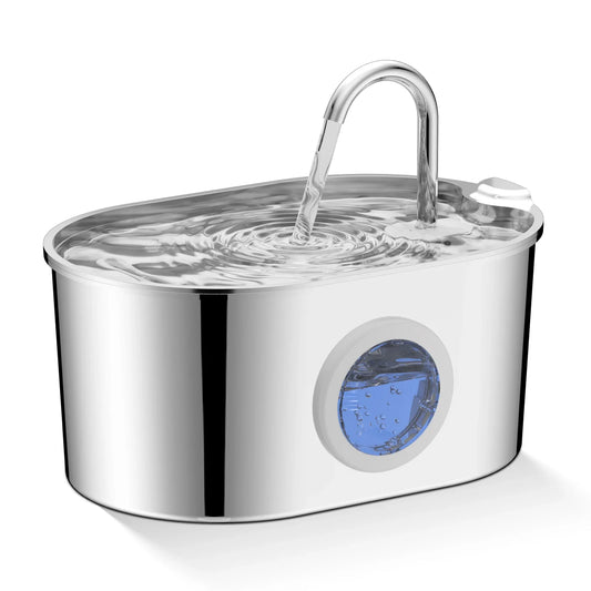 2.2L Stainless Steel Cat & Puppy Water Fountain — Water Level Window, Silent Pump & Filter