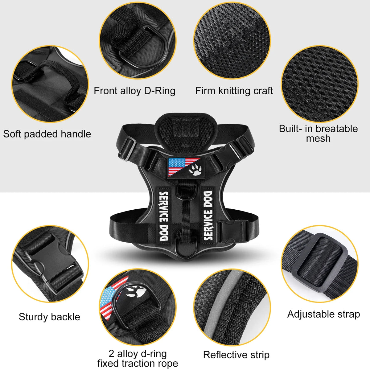 Reflective Service Dog Vest Harness with 5 Patches | Adjustable Soft Oxford Mesh Harness