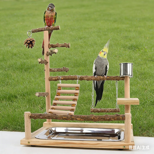 Natural Wood Parrot Climbing Frame with Swing, Ladder & Suspension Bridge