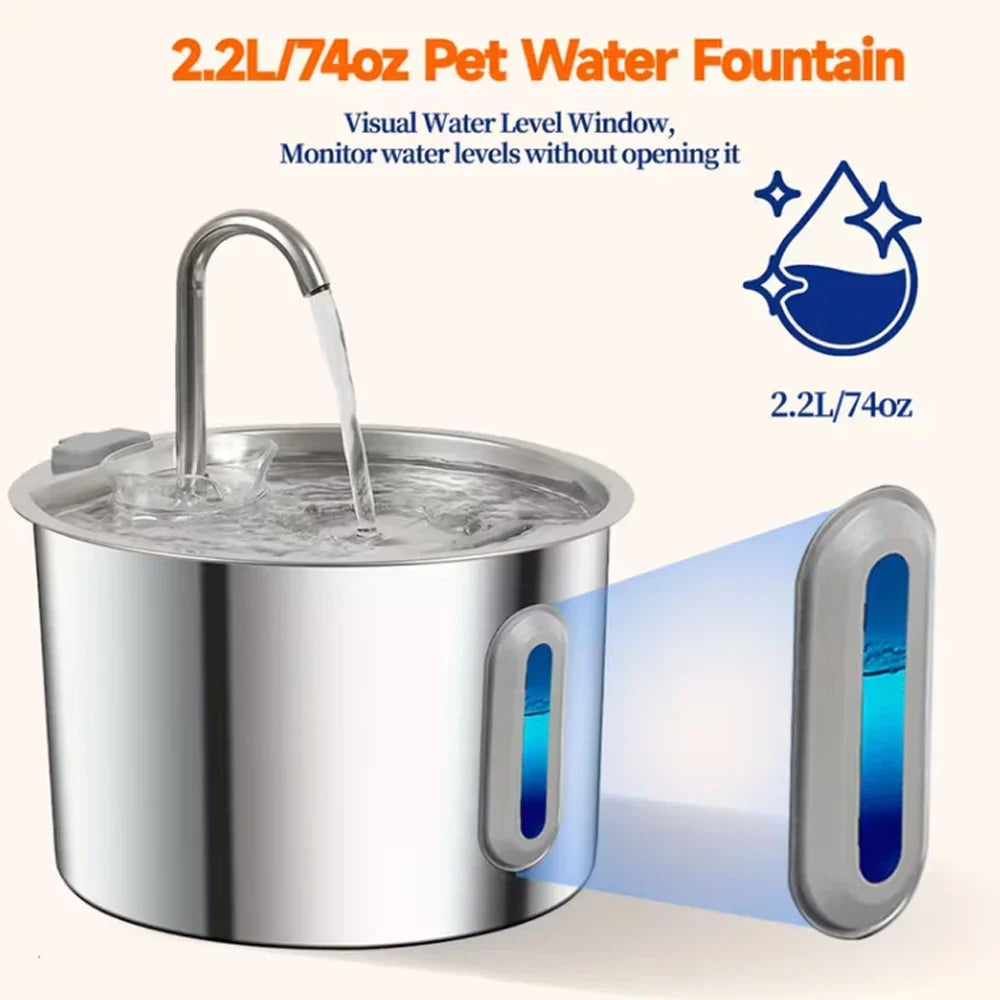 2.2L Stainless Steel Automatic Pet Water Dispenser with Water Level Window
