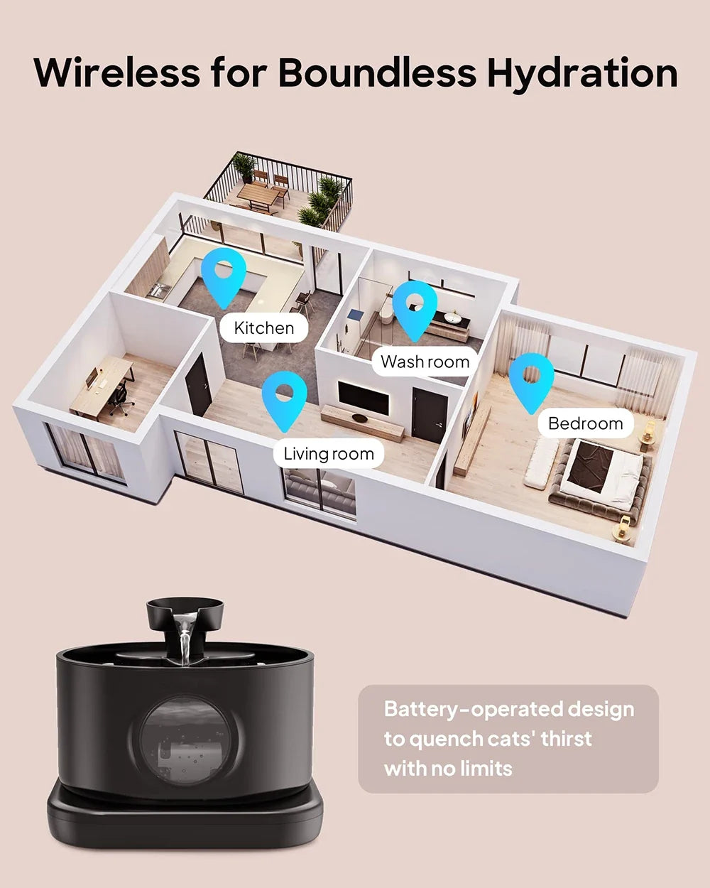 Wireless Pet Water Fountain with Filtration - 2.8L Silent Rechargeable Dispenser