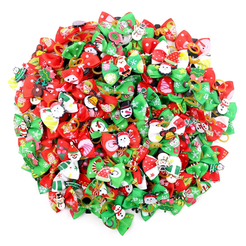 Christmas Dog Hair Bows with Rubber Bands - Handmade Grooming Accessories (50/1000 Pack)