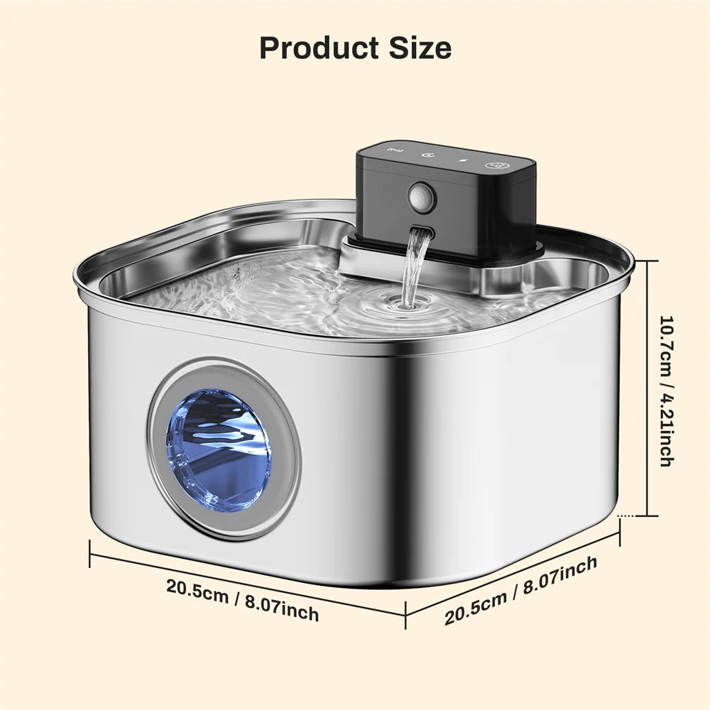 Wireless Charging Pet Water Fountain with Sensor - 3.2L Stainless Steel