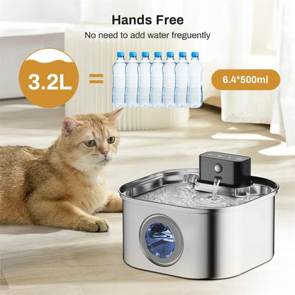 3.2L Stainless Steel Pet Water Fountain — Wireless Charging, Auto Induction & Cycle Filter
