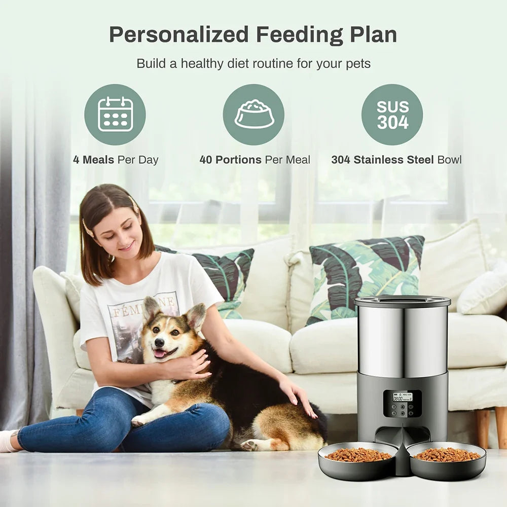 4L Automatic Pet Feeder – Stainless Steel Food Dispenser with WiFi App or Button Control