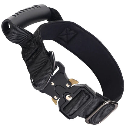 Heavy Duty Tactical Dog Collar with Handle — Metal Buckle Training Collar for Medium & Large Dogs