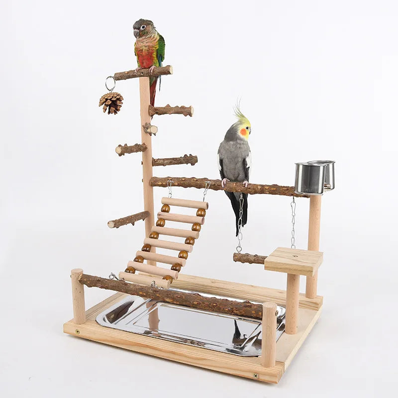 Natural Wood Parrot Climbing Frame with Swing, Ladder & Suspension Bridge