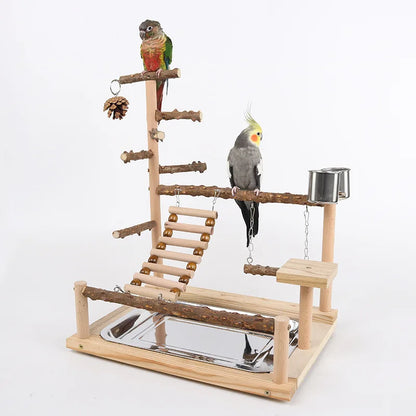 Natural Wood Parrot Climbing Frame with Swing, Ladder & Suspension Bridge