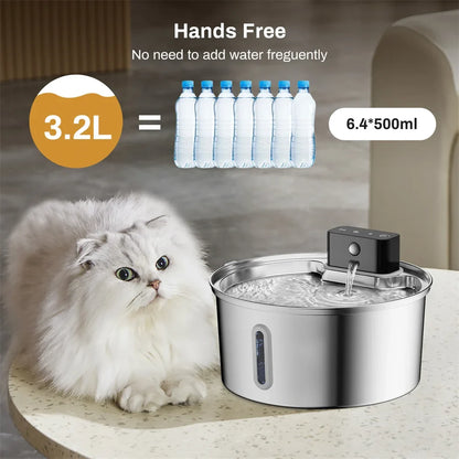 Smart Wireless Charging Pet Water Fountain with Sensor - 3.2L Stainless Steel