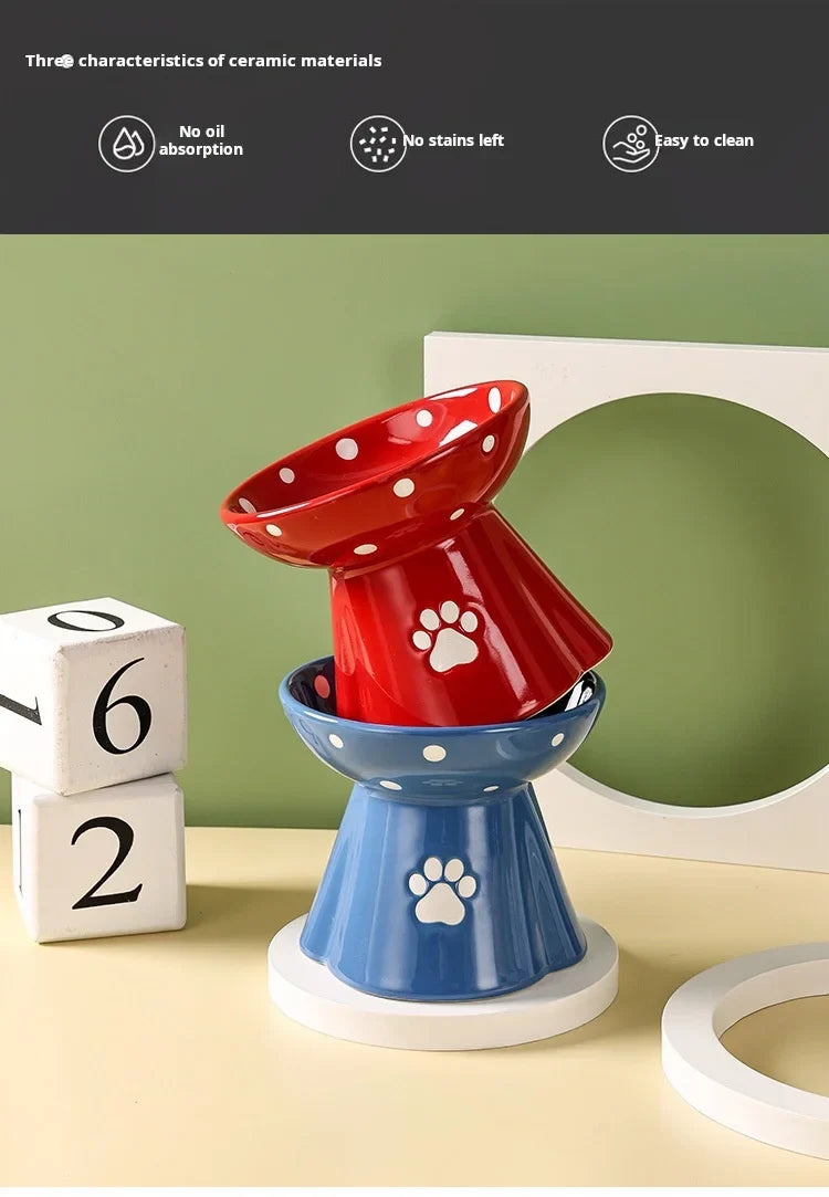 Elevated Ceramic Cat Bowl - Anti-Black Chin Design with Cervical Spine Protection