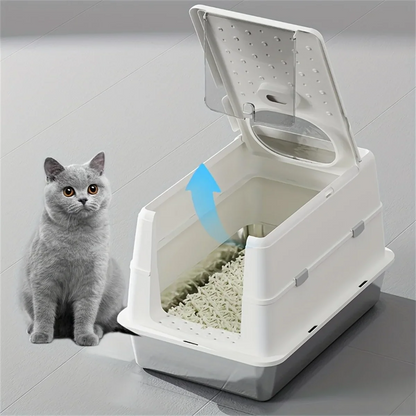 Enclosed Stainless Steel Cat Litter Box with Flip Cover & Non-Slip Mat