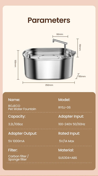 Premium Stainless Steel Cat Water Fountain with Automatic Flow System