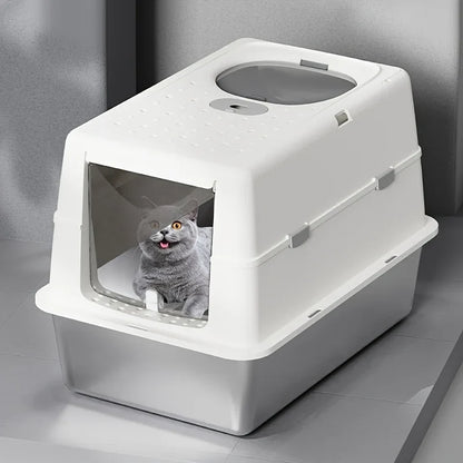 Enclosed Stainless Steel Cat Litter Box with Flip Cover & Non-Slip Mat
