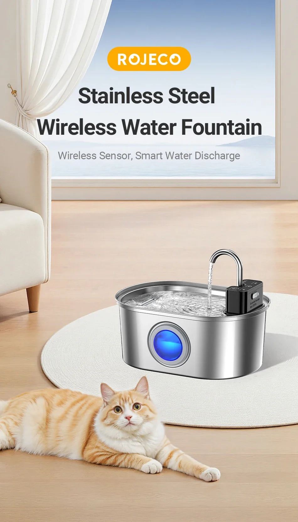 Stainless Steel Cat Water Fountain - Wireless Sensor Smart Automatic Pet Water Dispenser
