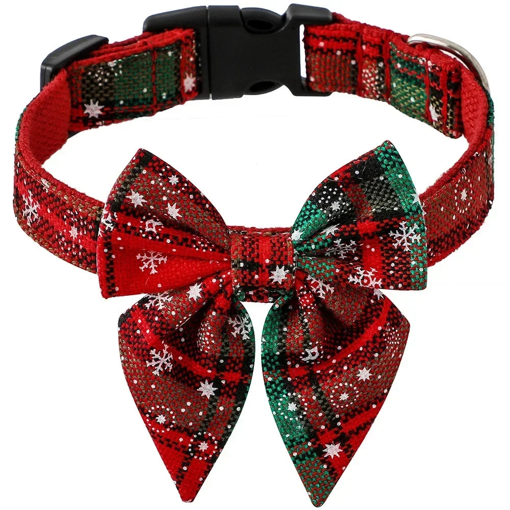 Christmas Dog Collar with Snowflake Bow - Festive Cotton Collar for Dogs and Cats