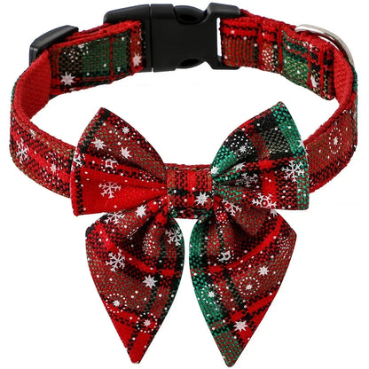 Christmas Dog Collar with Snowflake Bow - Festive Cotton Collar for Dogs and Cats