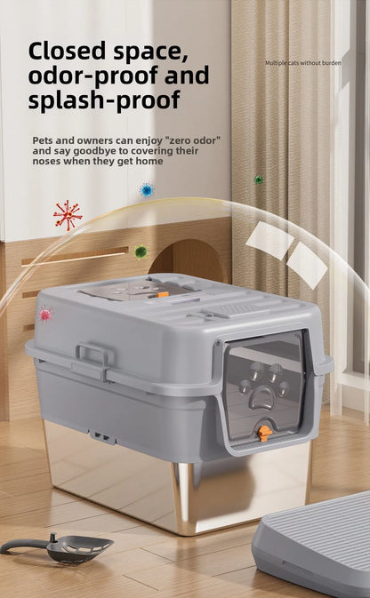 Stainless Steel Top Entry Self-Cleaning Cat Litter Box — Extra Large, Splash-Proof & Portable