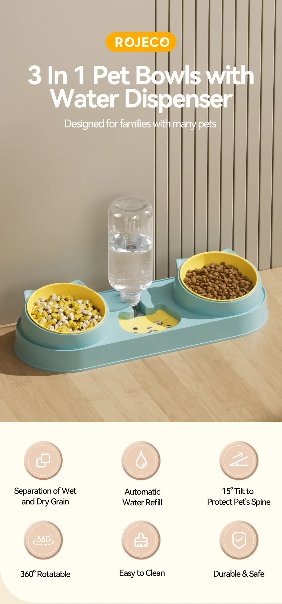 3-in-1 Pet Bowl Set with Automatic Water Dispenser and Dual Feeding System