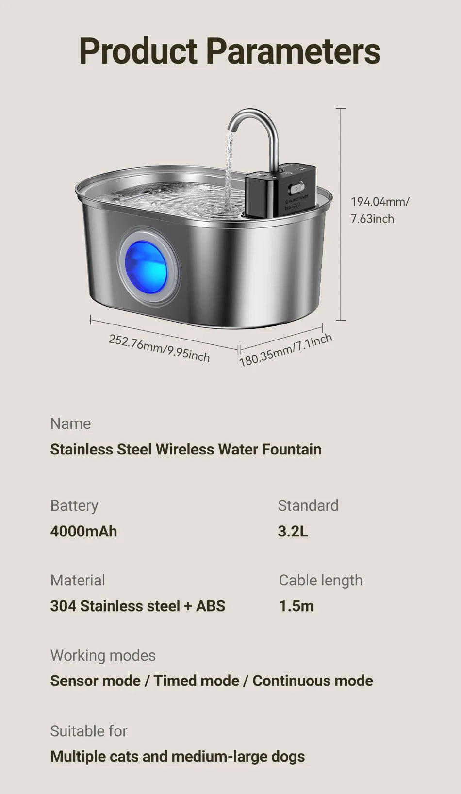 Stainless Steel Cat Water Fountain - Wireless Sensor Smart Automatic Pet Water Dispenser