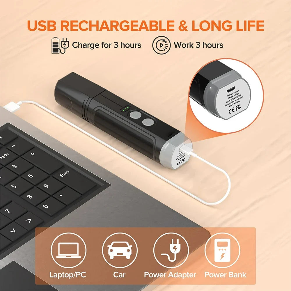 Electric Pet Nail Grinder with LED Light - USB Rechargeable Quiet Trimmer