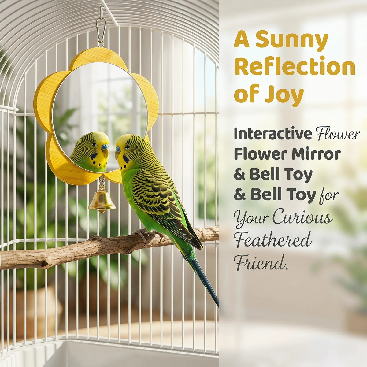 Wooden Flower Mirror Toy with Bell for Parrots & Budgies