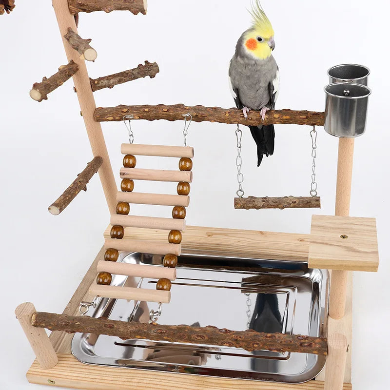 Natural Wood Parrot Climbing Frame with Swing, Ladder & Suspension Bridge