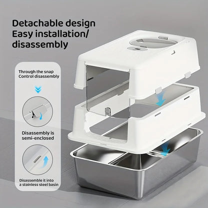 Enclosed Stainless Steel Cat Litter Box with Flip Cover & Non-Slip Mat