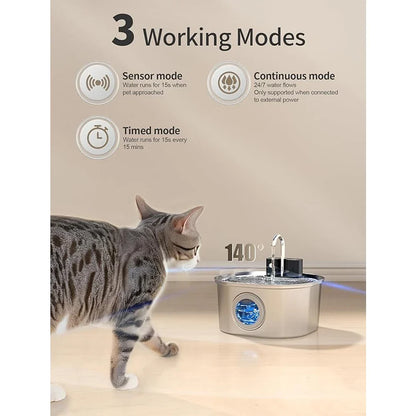 3.2L Wireless Smart Pet Water Fountain - Stainless Steel Automatic Dispenser with Visual Window