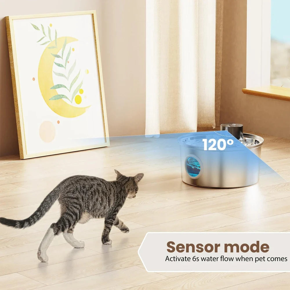 Wireless Motion Sensor Pet Water Fountain - Rechargeable Stainless Steel with Filter