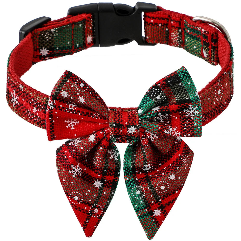 Christmas Dog Collar with Snowflake Bow - Festive Cotton Collar for Dogs and Cats