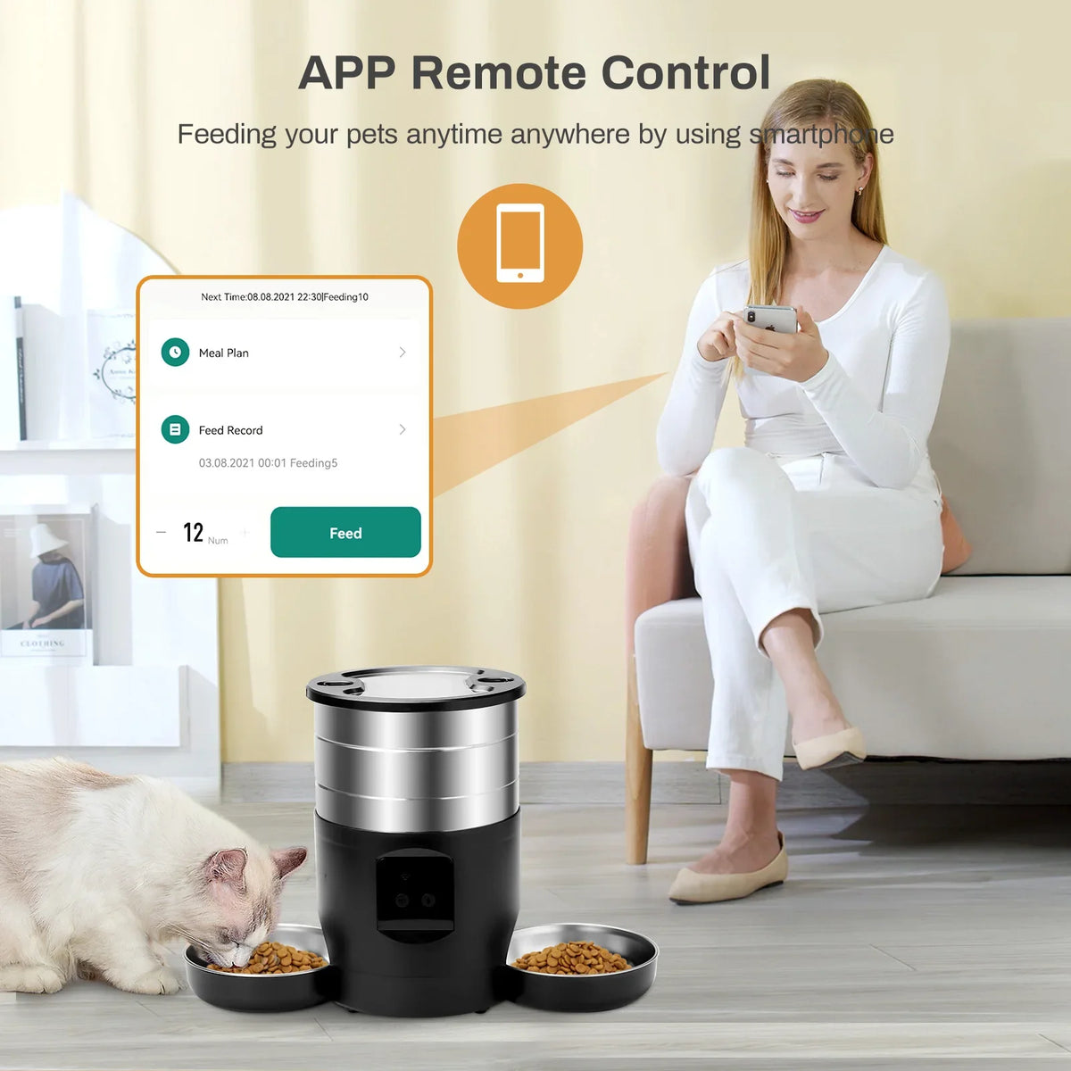 4.5L Smart WiFi Pet Feeder with Dual Stainless Steel Bowls - Automatic Food Dispenser for Cats & Dogs