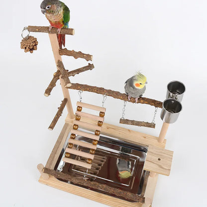 Natural Wood Parrot Climbing Frame with Swing, Ladder & Suspension Bridge