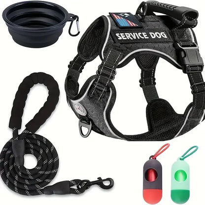 Dog Harness Set — Chest Vest, Shock-Absorbing Lead, Folding Bowl & Waste Bags