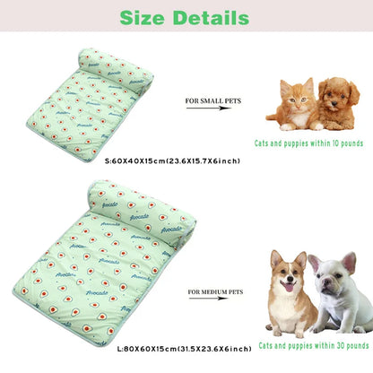 Ice Silk Cooling Mat for Dogs & Cats — Non-Slip, Washable with Integrated Pillow & Cute Print