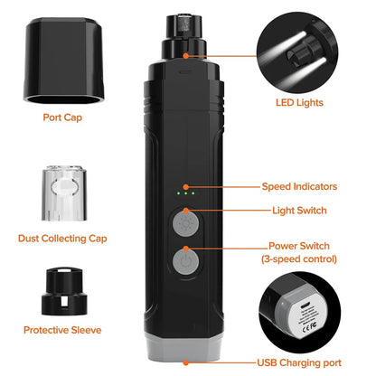 Electric Pet Nail Grinder with LED Light - USB Rechargeable Quiet Trimmer