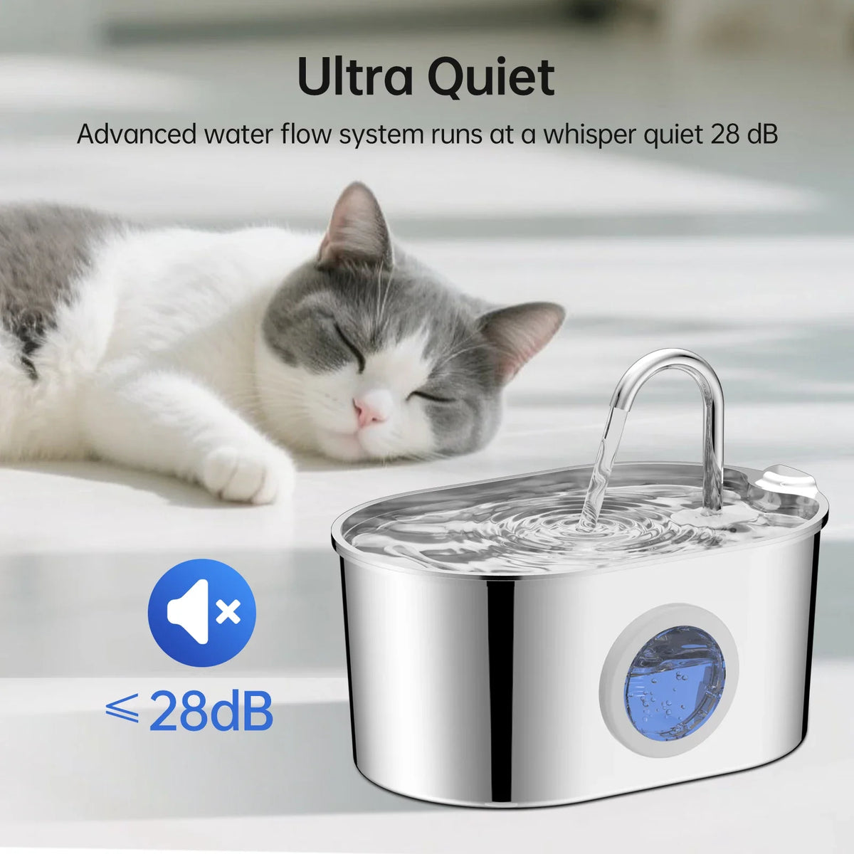 2.2L Stainless Steel Cat & Puppy Water Fountain — Water Level Window, Silent Pump & Filter