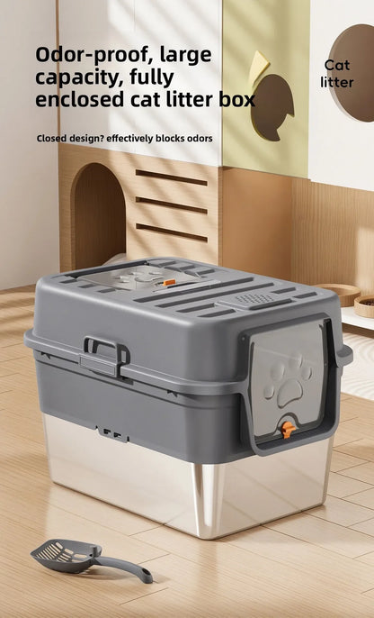 Stainless Steel Top Entry Self-Cleaning Cat Litter Box — Extra Large, Splash-Proof & Portable