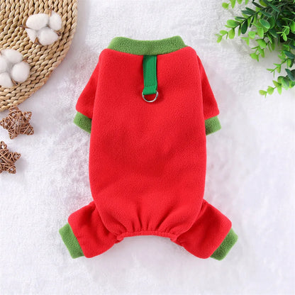 Fleece Dog Jumpsuit Hoodie with Leash Ring — Warm Winter Coat for Dogs & Cats