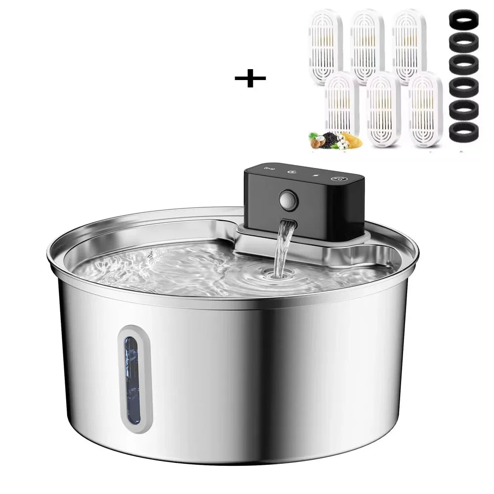 Smart Wireless Charging Pet Water Fountain with Sensor - 3.2L Stainless Steel