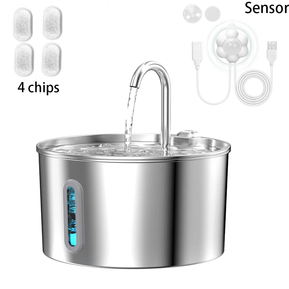 2.2L Stainless Steel Cat Water Fountain — Artesian Flow, Ultra-Quiet Pump & Filter