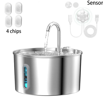 2.2L Stainless Steel Cat Water Fountain — Artesian Flow, Ultra-Quiet Pump & Filter