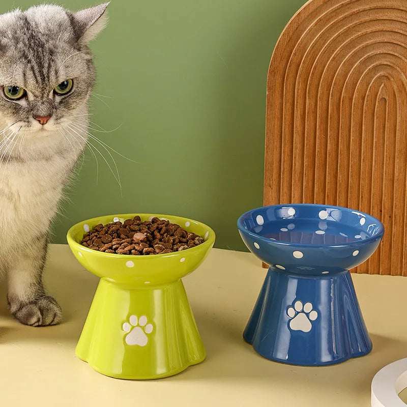 Elevated Ceramic Cat Bowl - Anti-Black Chin Design with Cervical Spine Protection
