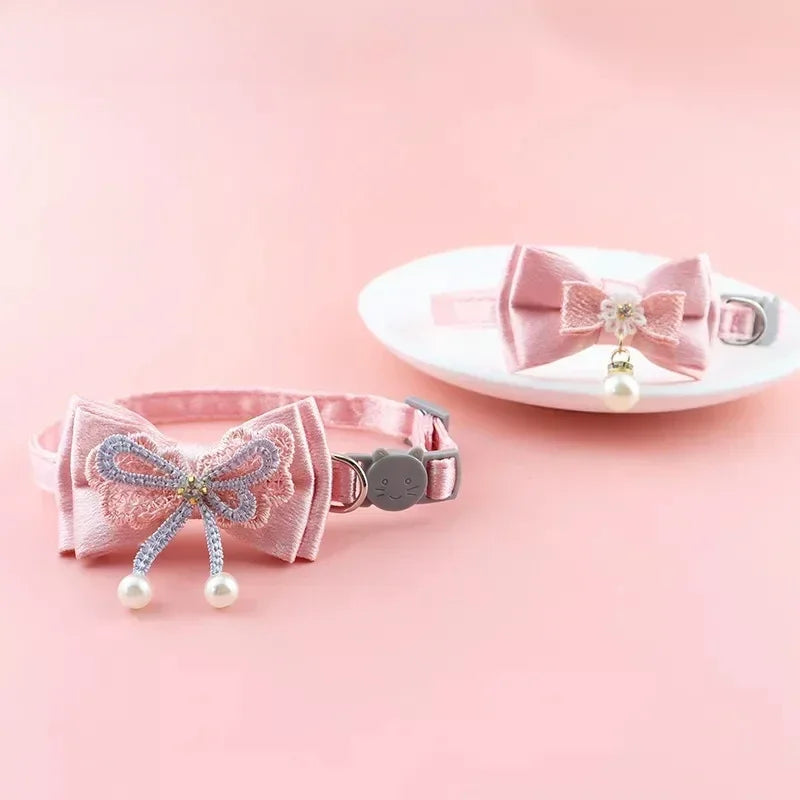 Pink Lace Bow Pet Collar with Bell for Cats and Small Dogs
