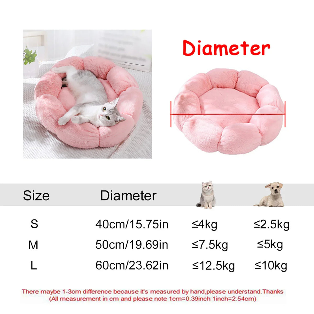 Round Plush Pet Bed — Washable Warm Basket for Dogs & Cats, 6 Sizes