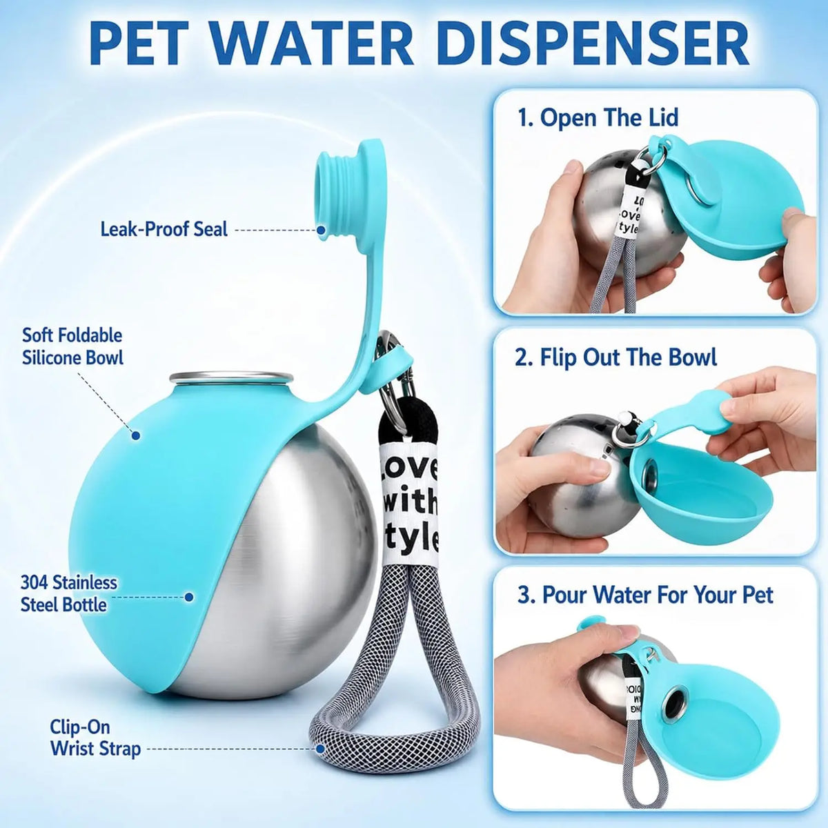 2-in-1 Stainless Steel Dog Water Bottle with Foldable Bowl